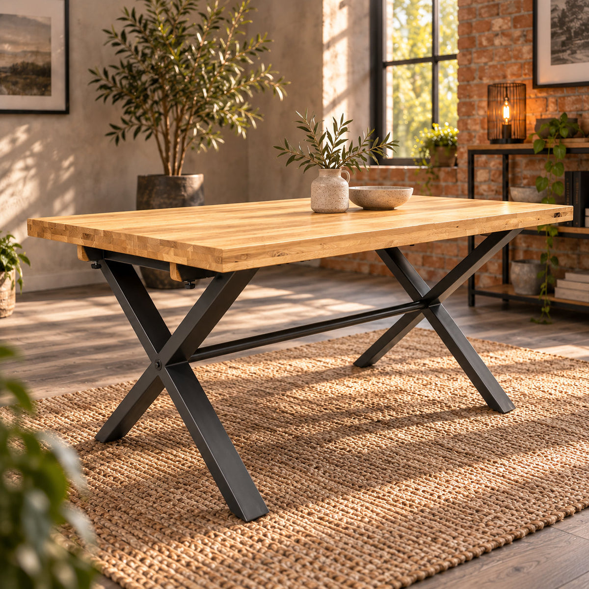 Fusion oak small dining table with a sandblasted oak top and charcoal cross legs in a warm industrial dining room.