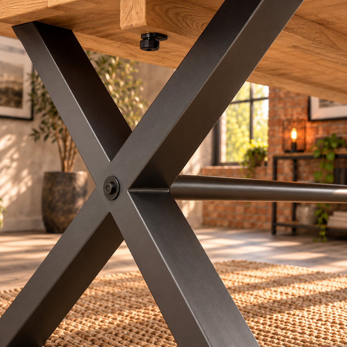 Detail of the round metal connecting rail and cross-leg junction beneath the Fusion oak dining table.