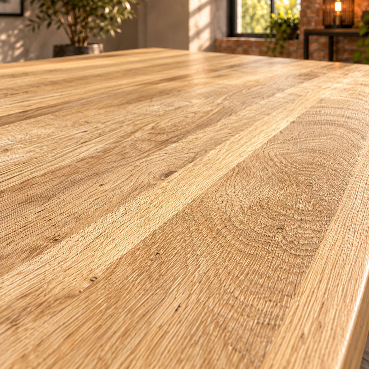 Close-up of the Fusion dining table’s sandblasted oak surface, showing raised grain and shallow natural recesses.