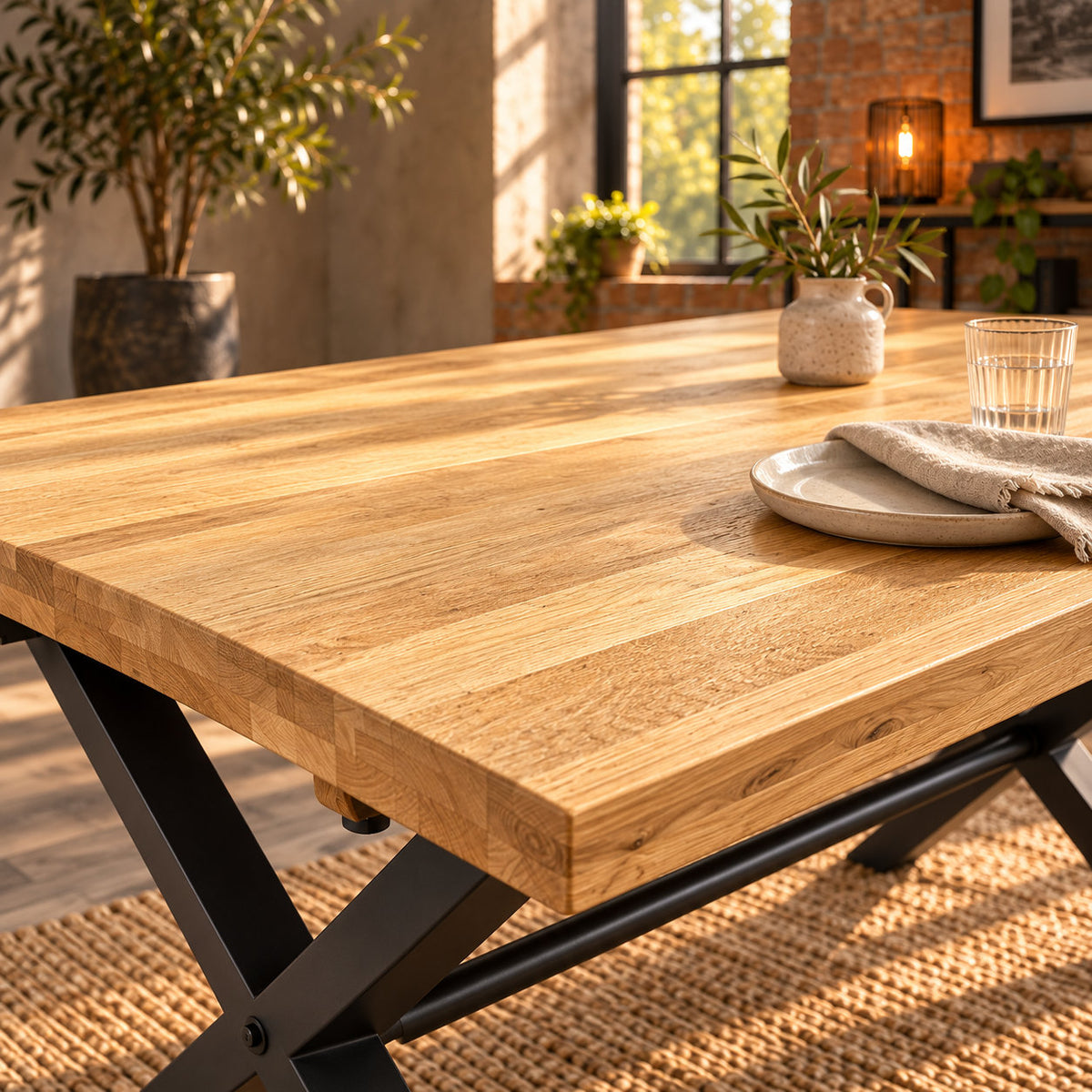 Sandblasted Fusion oak tabletop styled with a cream plate, linen napkin, glass and ceramic vase.