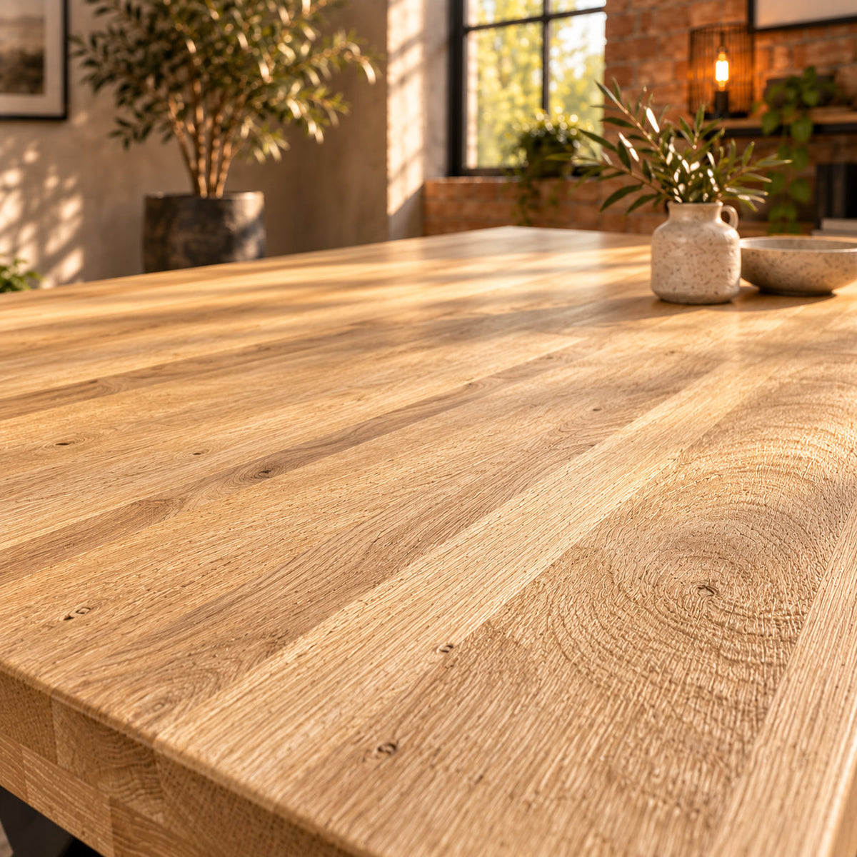 Side-lit detail of the Fusion oak dining tabletop highlighting the subtle texture of its sandblasted grain.