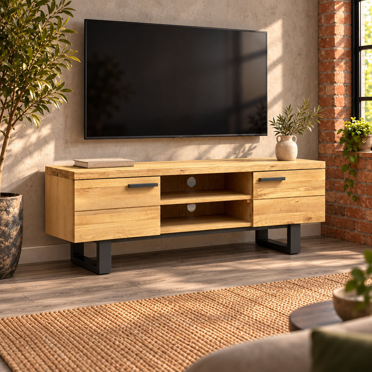 Fusion oak TV unit with two cupboard doors and central shelves in a warm modern industrial living room.
