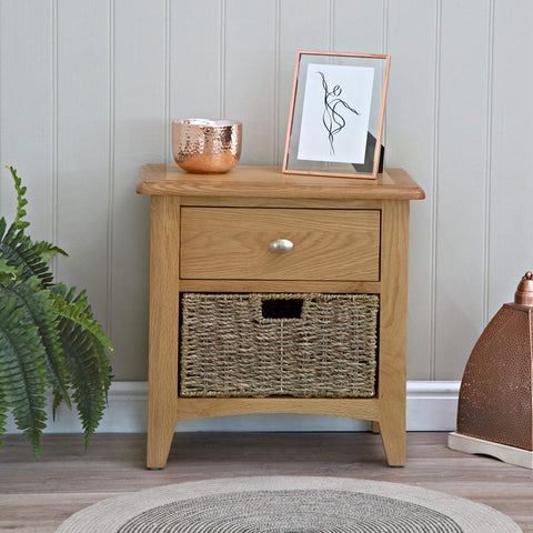 Modena Oak Side Table - 1 Drawer With Basket