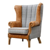 Ernie Fluted Wing Chair in Leather & Wool - Grey Check