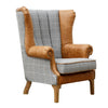 Ernie Fluted Wing Chair in Leather & Wool - Grey Check