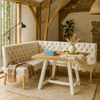 Montgomery Corner Dining Bench Set with Backs, PLUS Earlham Fixed Dining Table in White with Oak Top