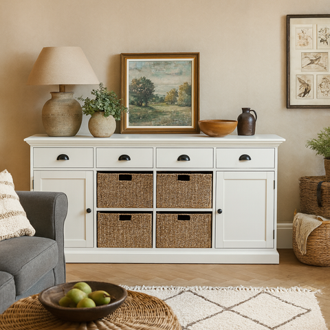 Wicklewood Extra Large White Painted Sideboard, with Sea Grass Baskets