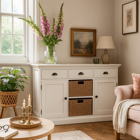 Wicklewood Handpainted Warm White Standard Sideboard with Seagrass Baskets