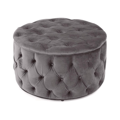 Elegant Round Buttoned Footstool - Grey Velvet