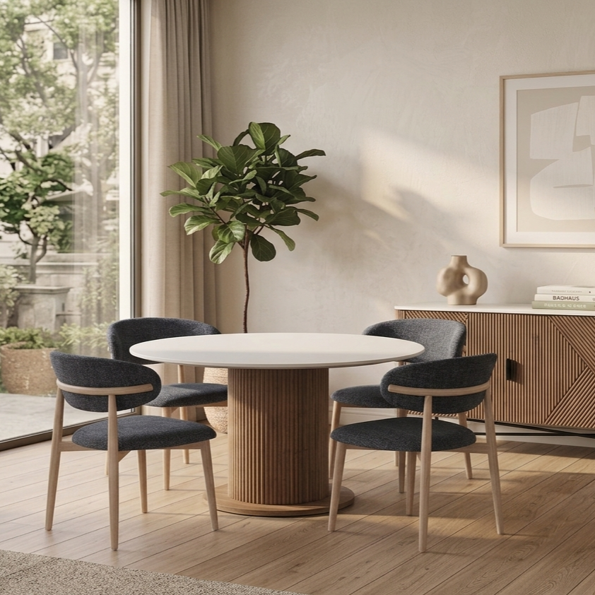 Aimar Round Dining Table & 4x Charcoal Chairs