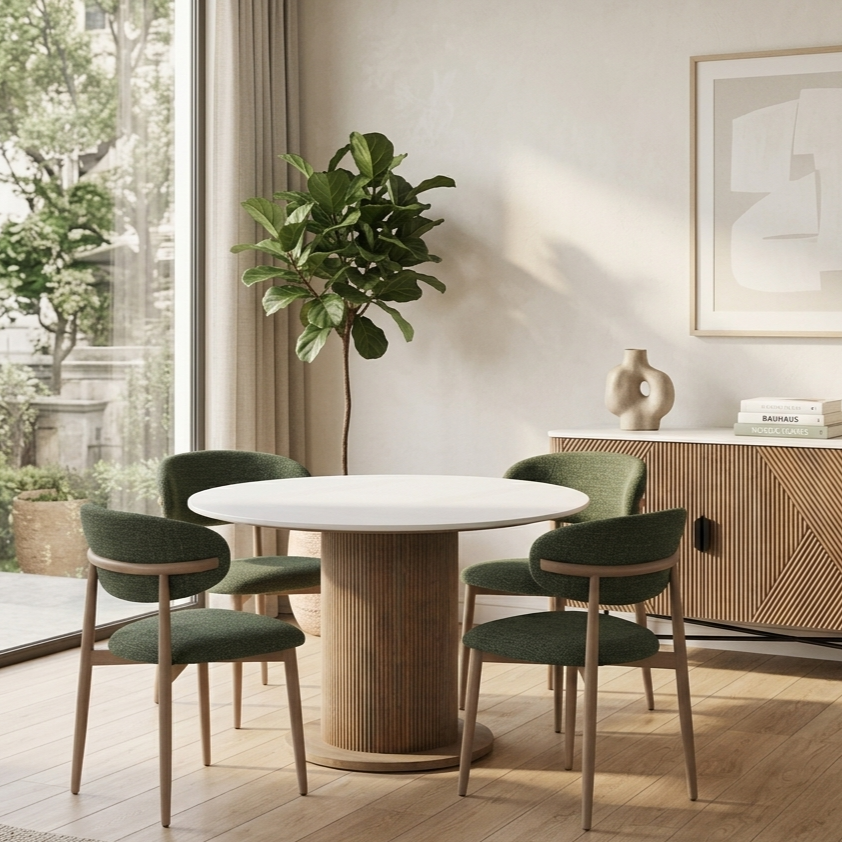 Aimar Round Dining Table & 4x Forest Green Chairs