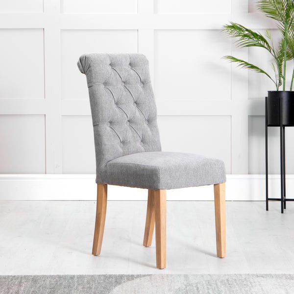 Martley Fabric Scroll Top, Button Back Dining Chair - Grey
