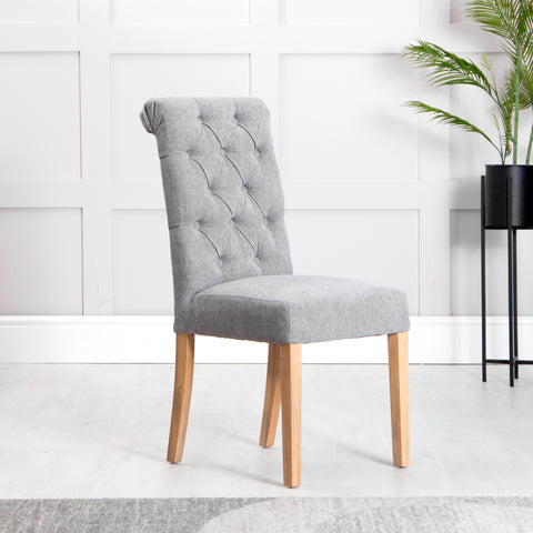 Martley Fabric Scroll Top, Button Back Dining Chair - Grey