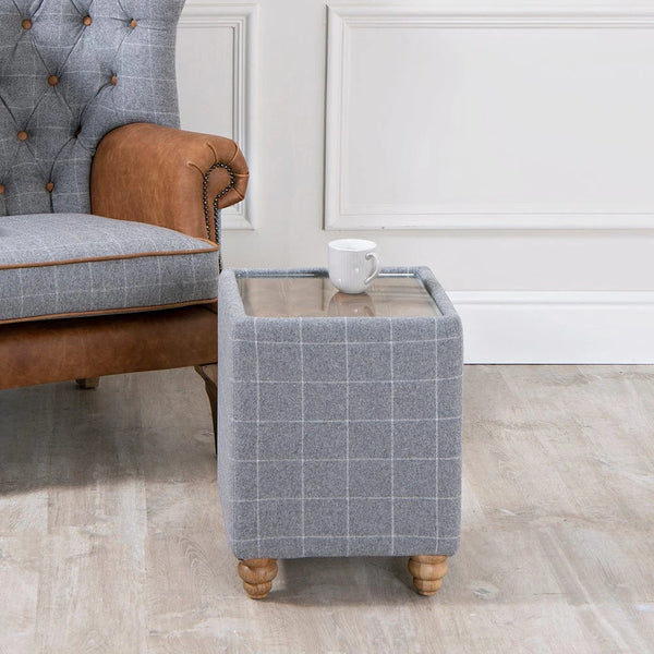 Barry Side Table in Leather & Grey Wool with Glass Top