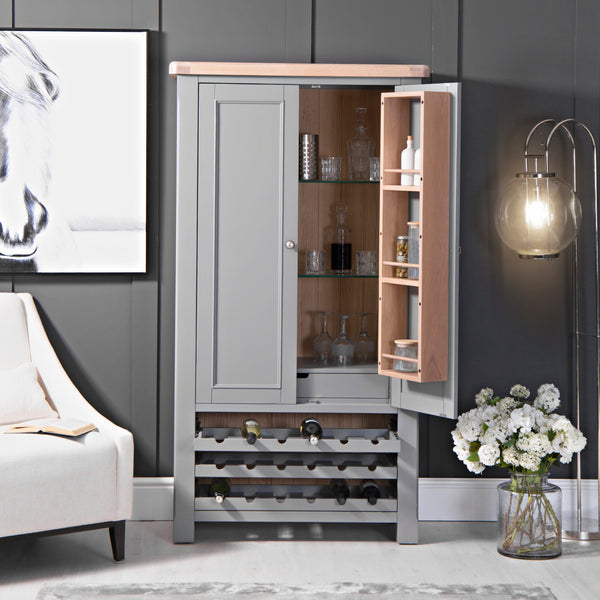 Dorset Oak Storm Grey Painted Larder Drinks Cabinet with Light The Oak Outlet Co