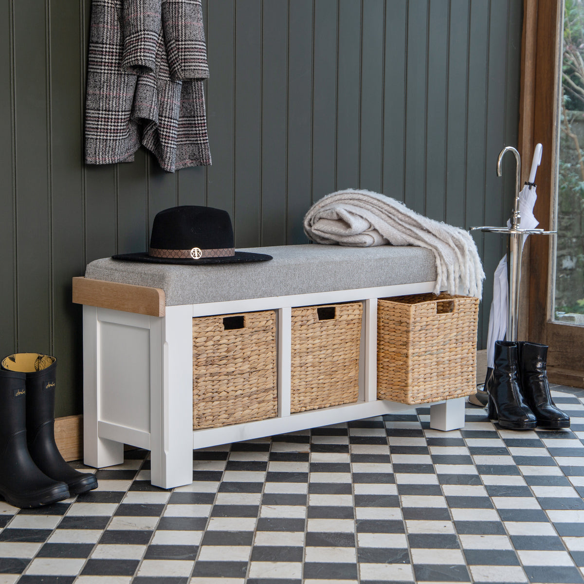 Country Living, White Painted & Oak - Large Hall Bench