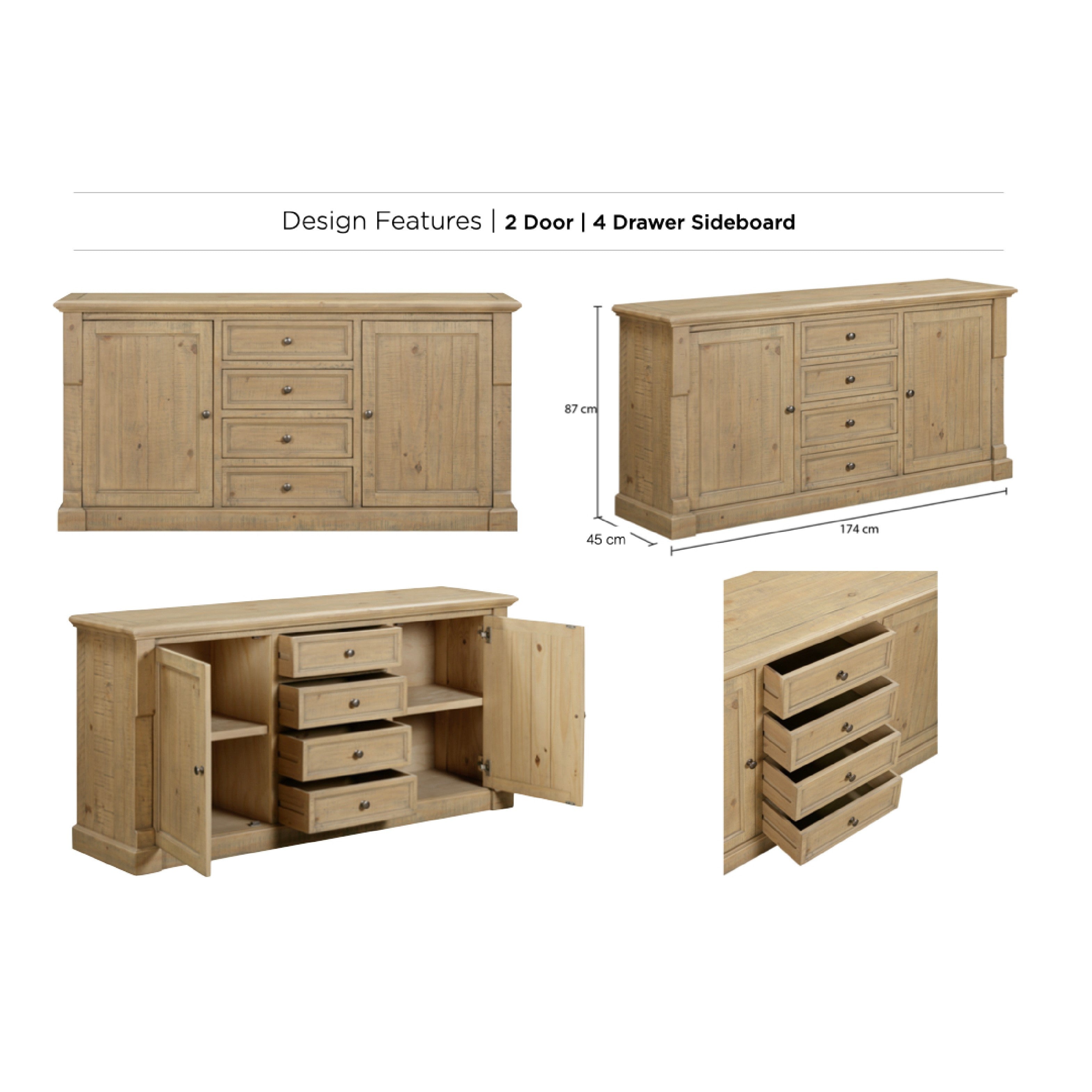 Chateau Rustic Pine Sideboard - 2 Door 4 Drawer