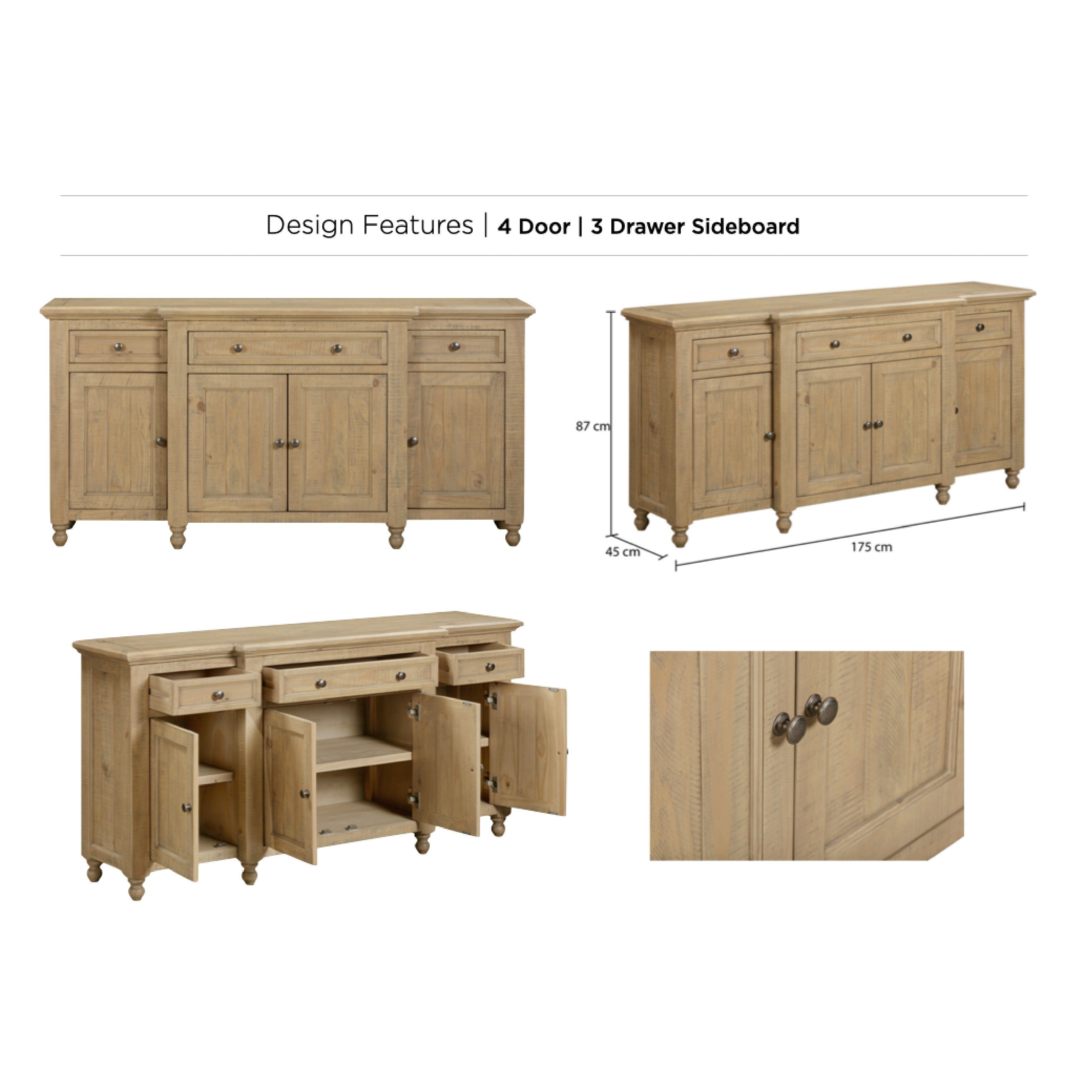 Chateau Rustic Pine Sideboard - 4 Door 3 Drawer