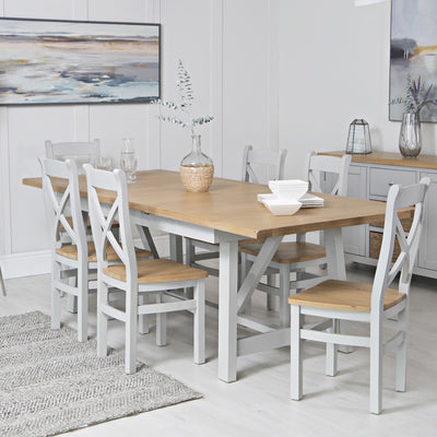 Earlham Grey Painted & Oak - 1.8m Refectory Extending Dining Table, PLUS x6 Cross Back Chairs - Wooden Seats