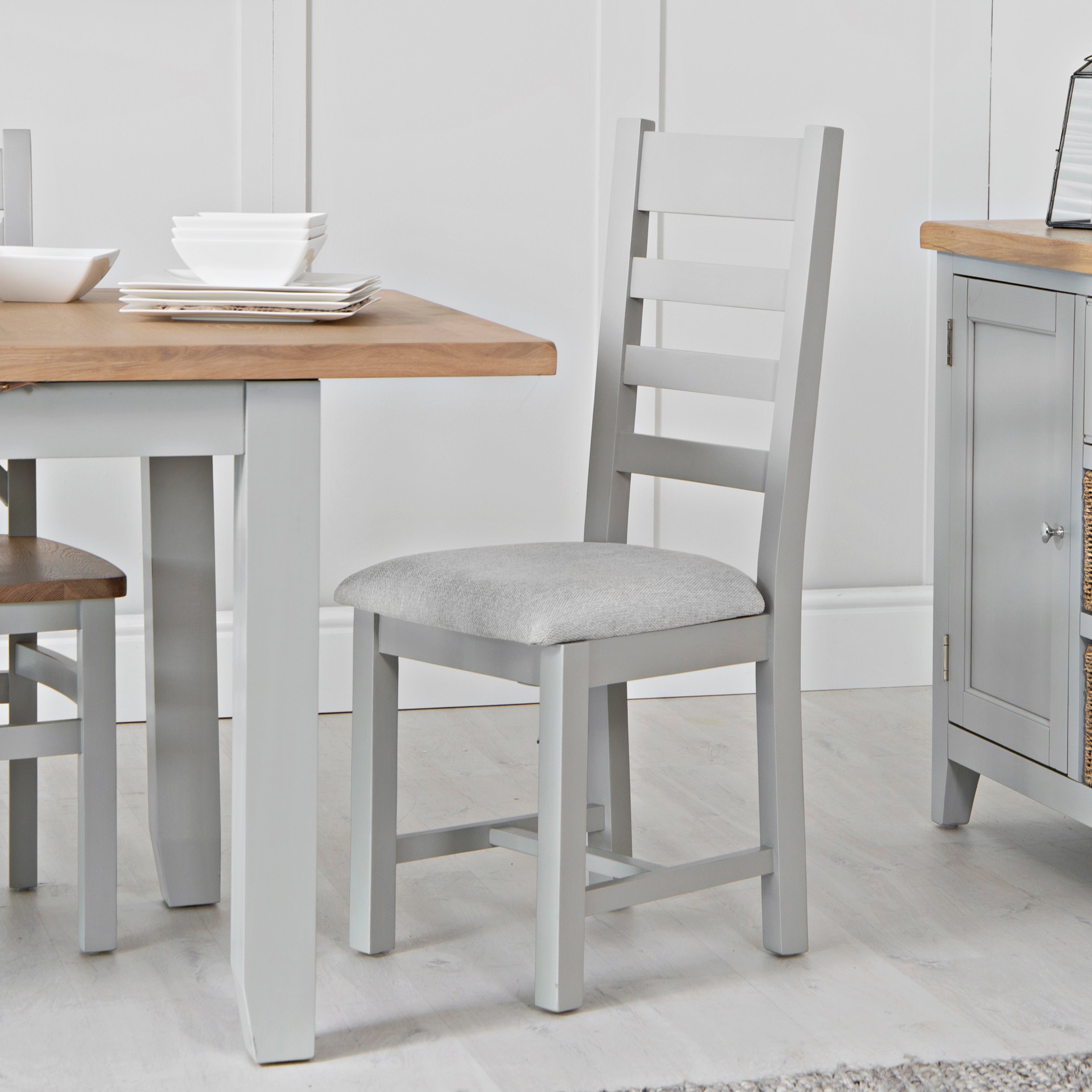 Earlham Grey Painted & Oak - 1.8m Refectory Extending Dining Table, PLUS x6 Ladder Back Chairs - Fabric Seats
