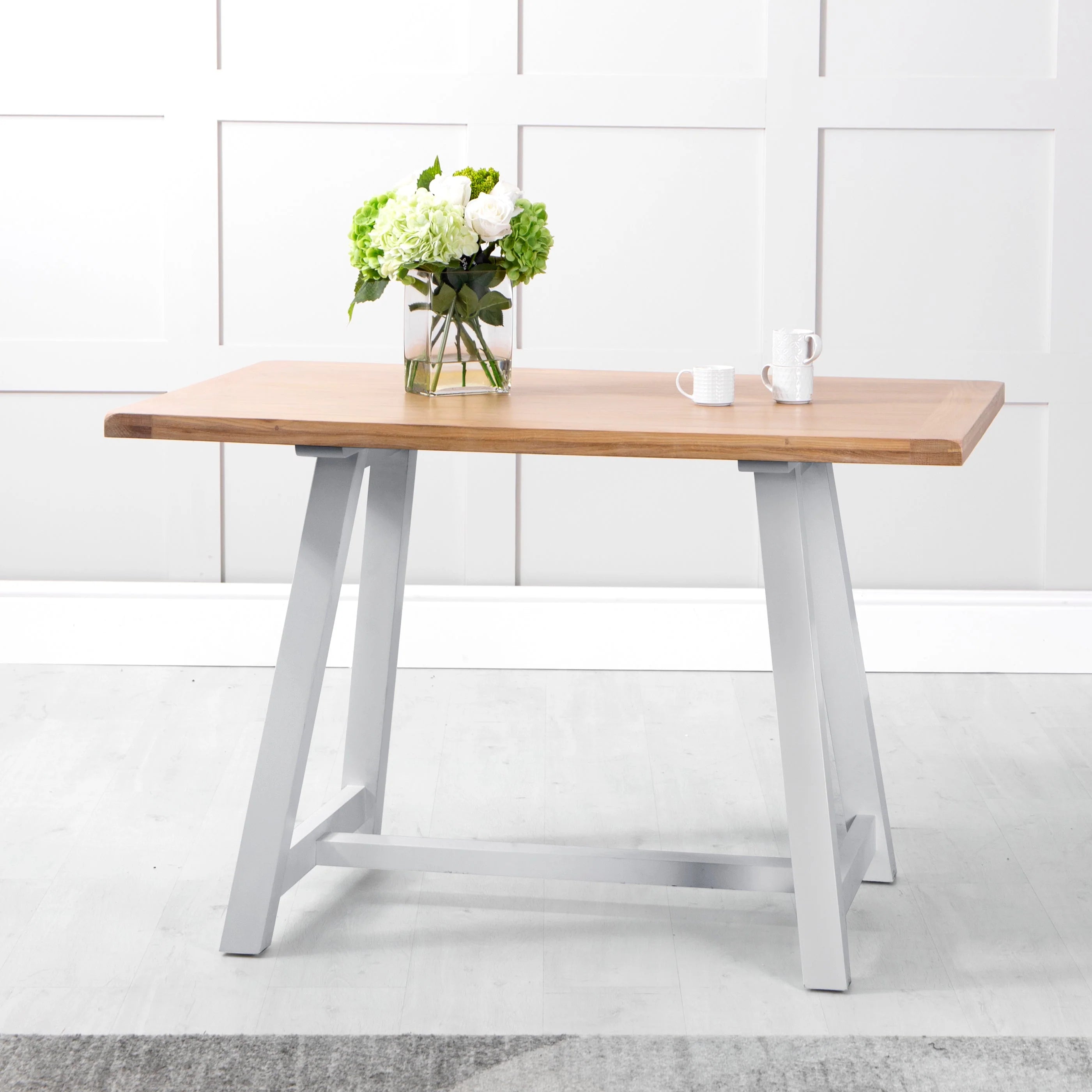 Montgomery Grey Corner Dining Bench Set with Backs, PLUS Earlham Grey Fixed Dining Table with Oak Top - Left Hand Facing