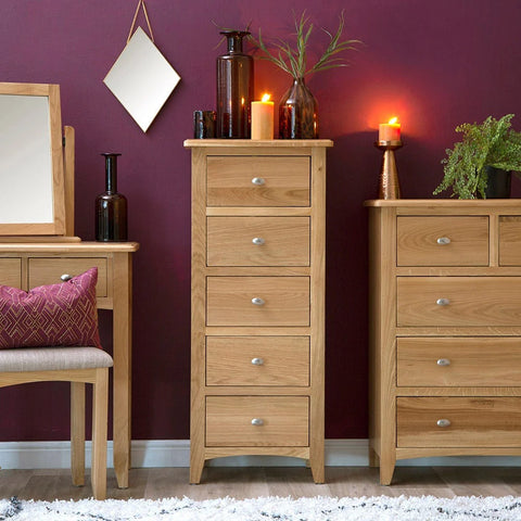 Modena Oak Chest of Drawers - 5 Drawer Narrow