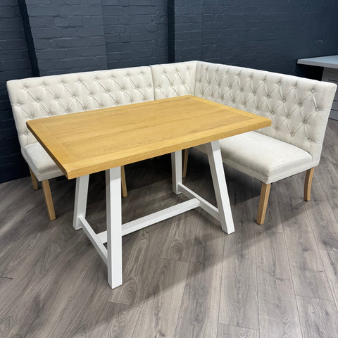 Montgomery Corner Dining Bench Set with Backs, PLUS Earlham Fixed Dining Table in White with Oak Top