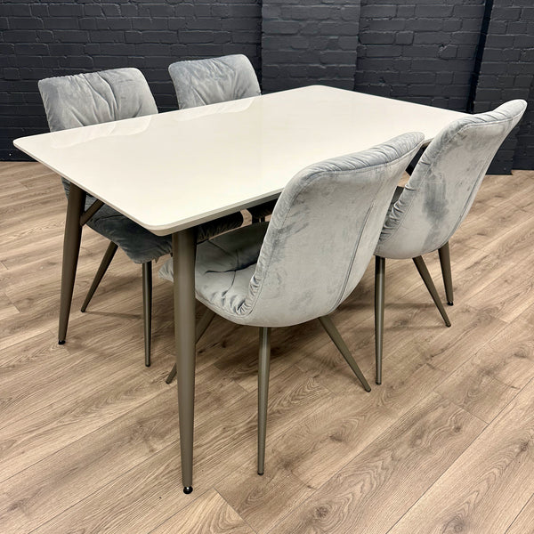 Grey Gloss 1.3m Table, PLUS 4x Luxury Velvet Chairs