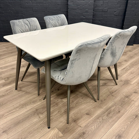 Grey Gloss 1.3m Table, PLUS 4x Luxury Velvet Chairs