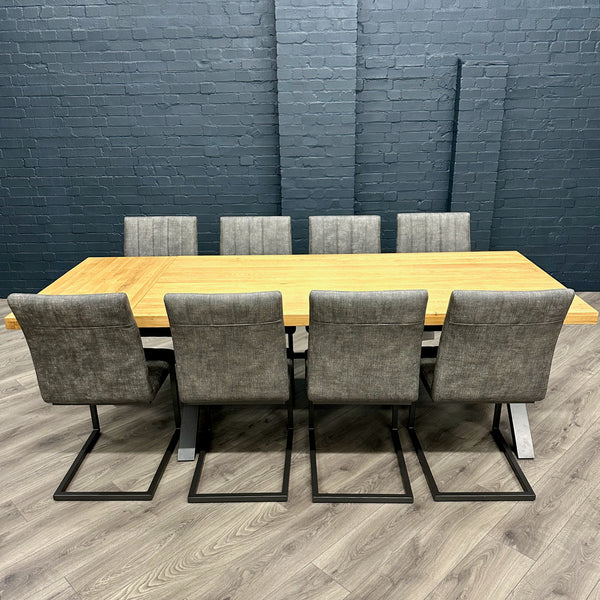Fusion Oak Large Table PLUS x8 Retro Fusion Dining Chairs + X1 Extensi The Oak Outlet Co.