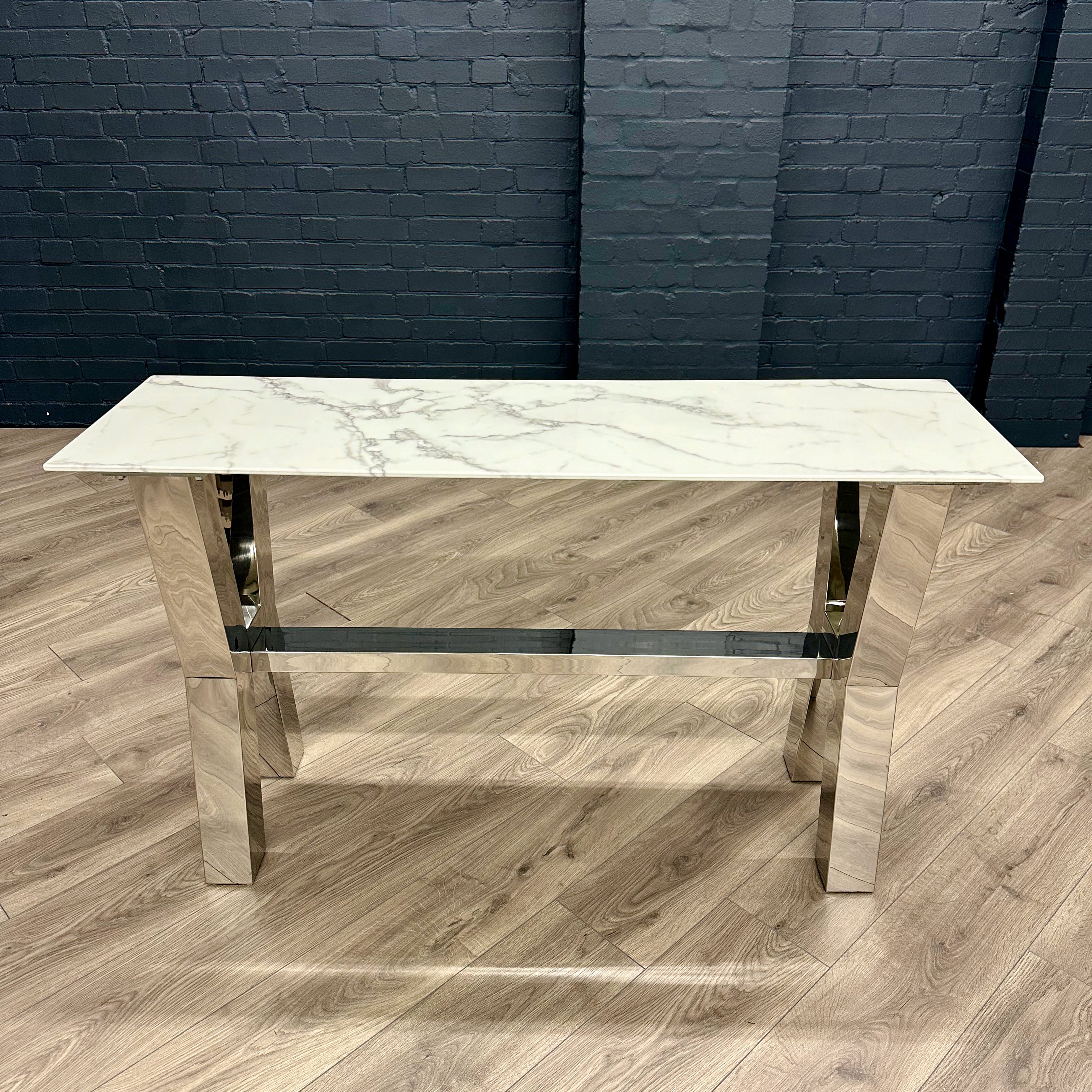 Designer Glass Marble Console Table - Chrome Cross Leg