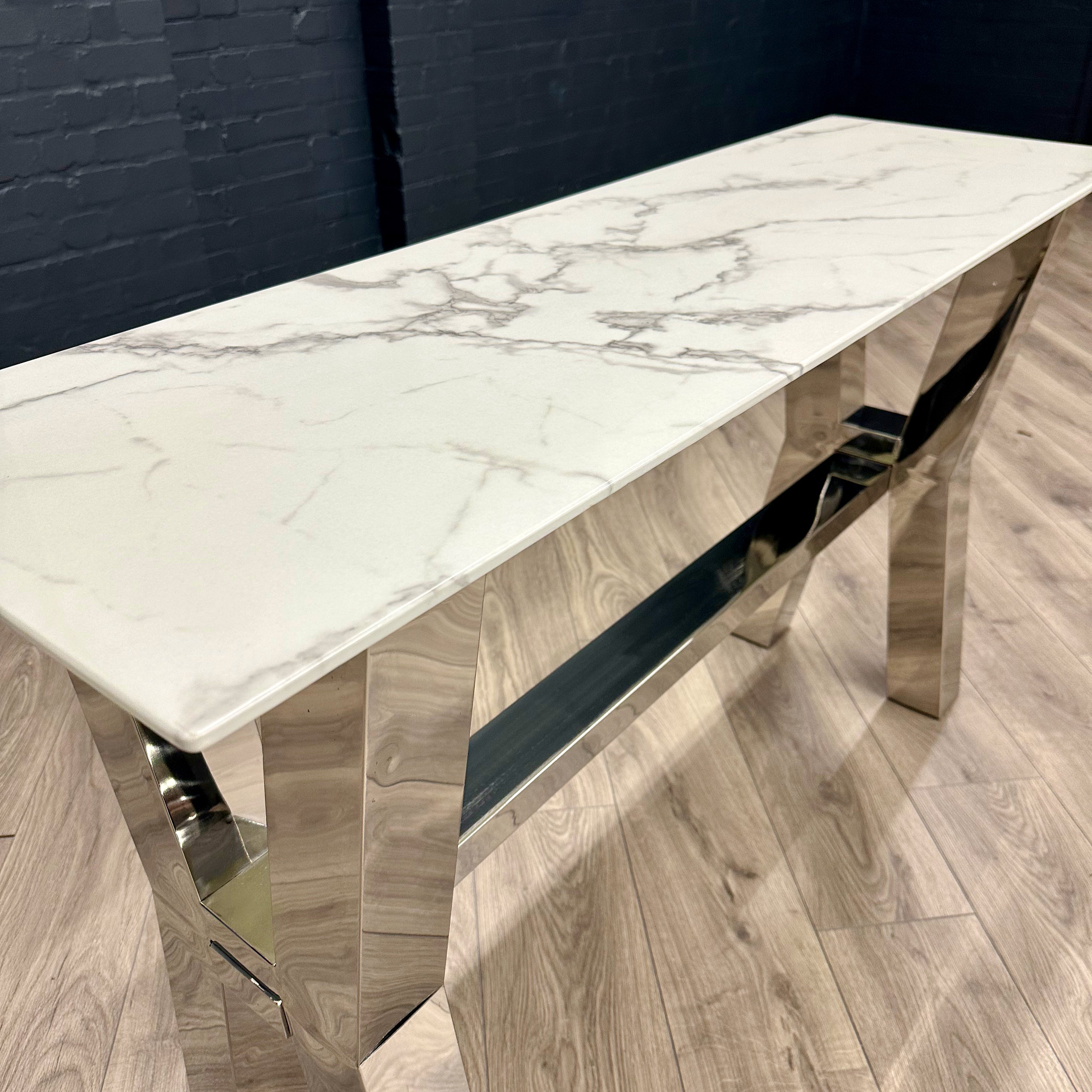 Designer Glass Marble Console Table - Chrome Cross Leg