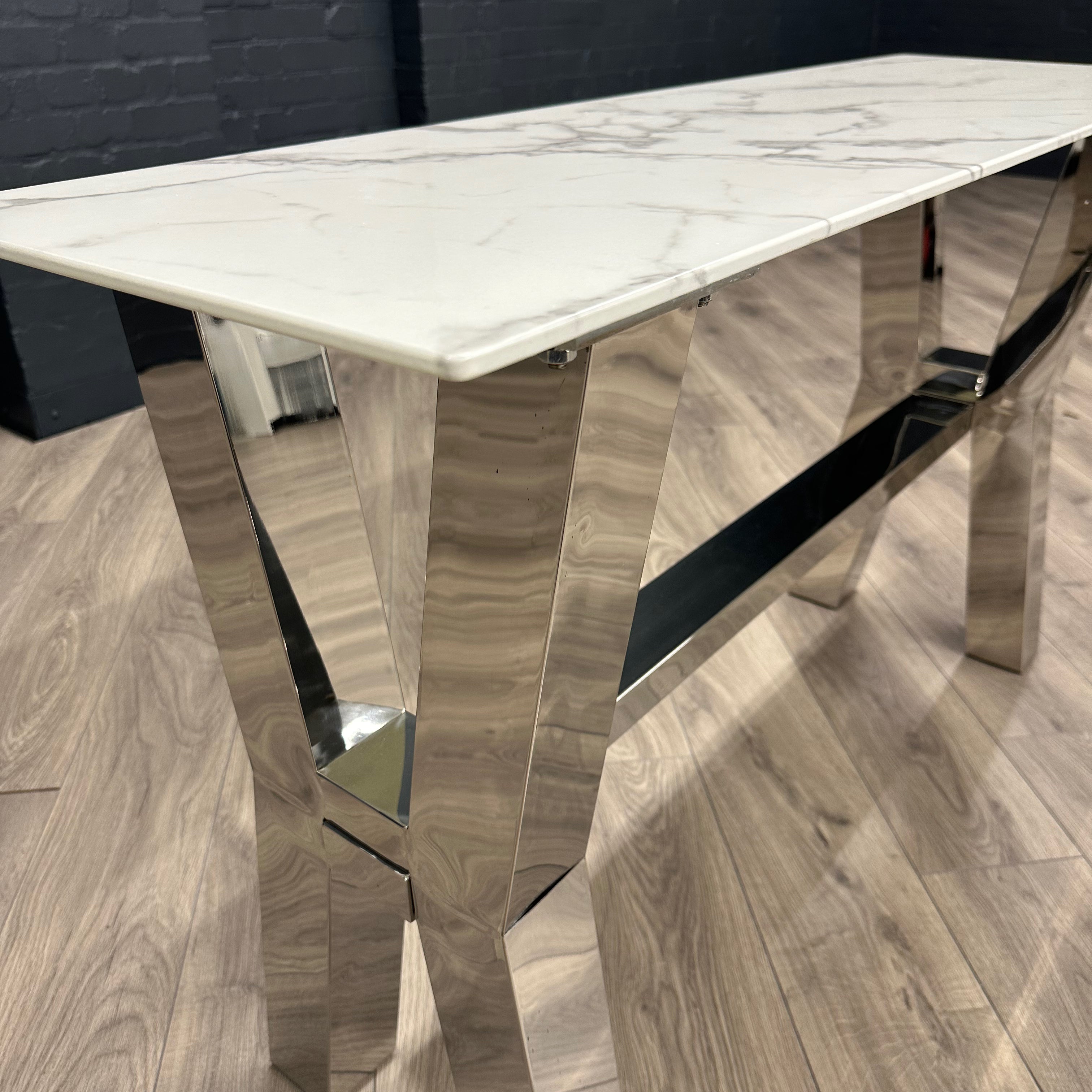 Designer Glass Marble Console Table - Chrome Cross Leg