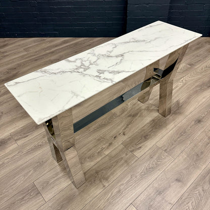 Designer Glass Marble Console Table - Chrome Cross Leg
