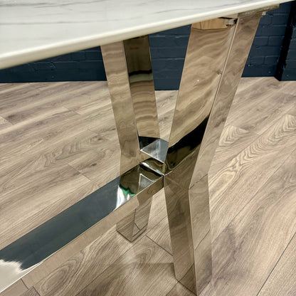 Designer Glass Marble Console Table - Chrome Cross Leg