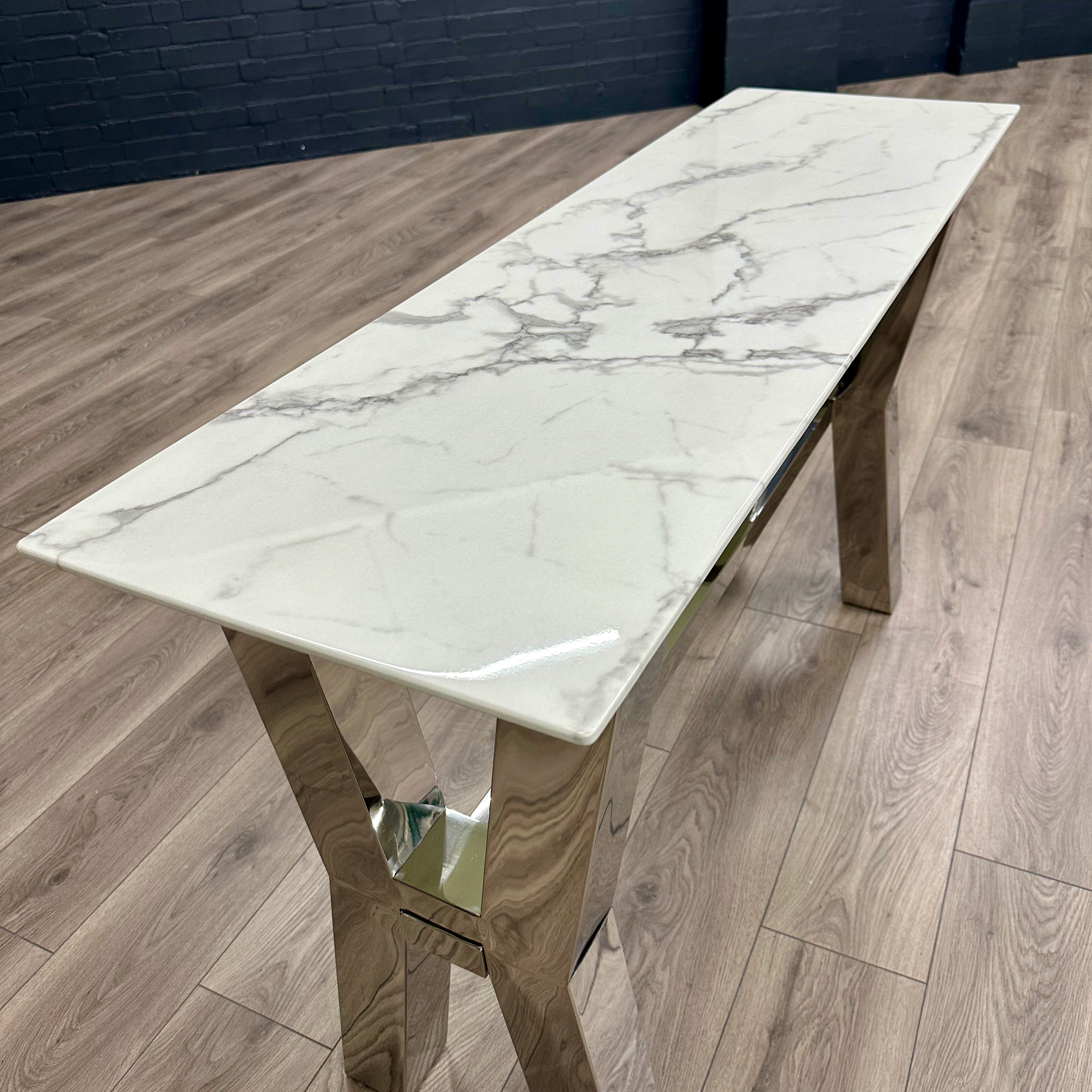 Designer Glass Marble Console Table - Chrome Cross Leg