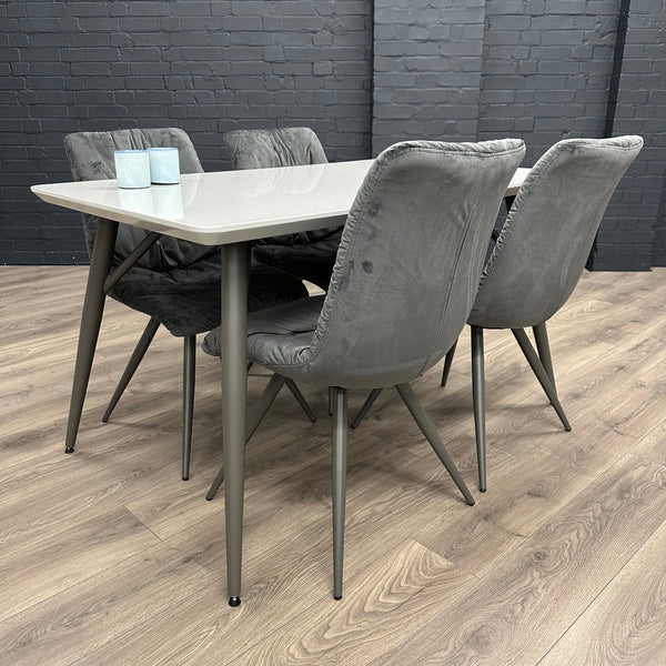 Grey Gloss 1.3m Table, PLUS 4x Luxury Velvet Chairs