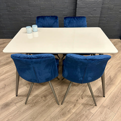 Grey Gloss 1.3m Table, PLUS 4x Luxury Velvet Chairs