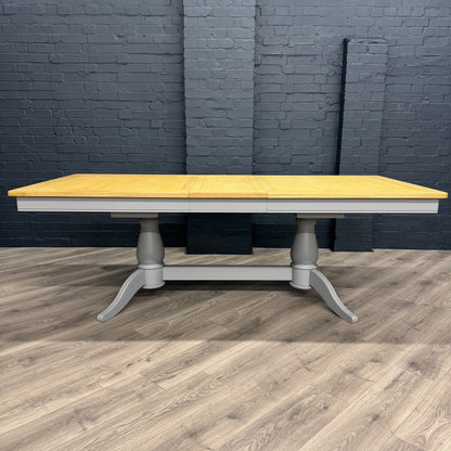 Harmony Twin Pedestal Ext Dining Table  180 to 220 - Pewter PLUS X6 Martley Grey Fabric Scroll Top, Button Back Dining Chairs