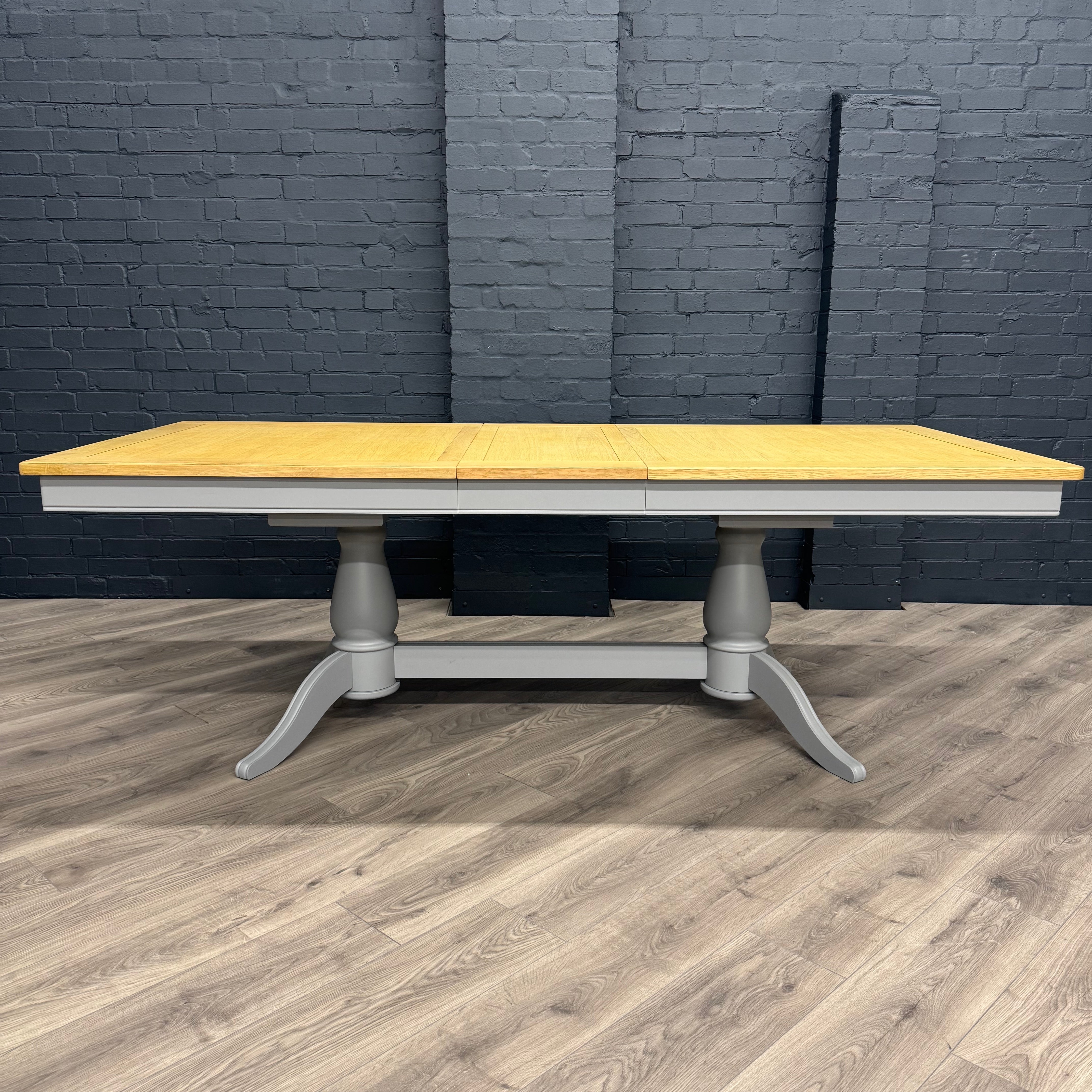 Harmony Twin Pedestal Ext Dining Table  180 to 220 - Pewter PLUS X6 Martley Grey Fabric Scroll Top, Button Back Dining Chairs