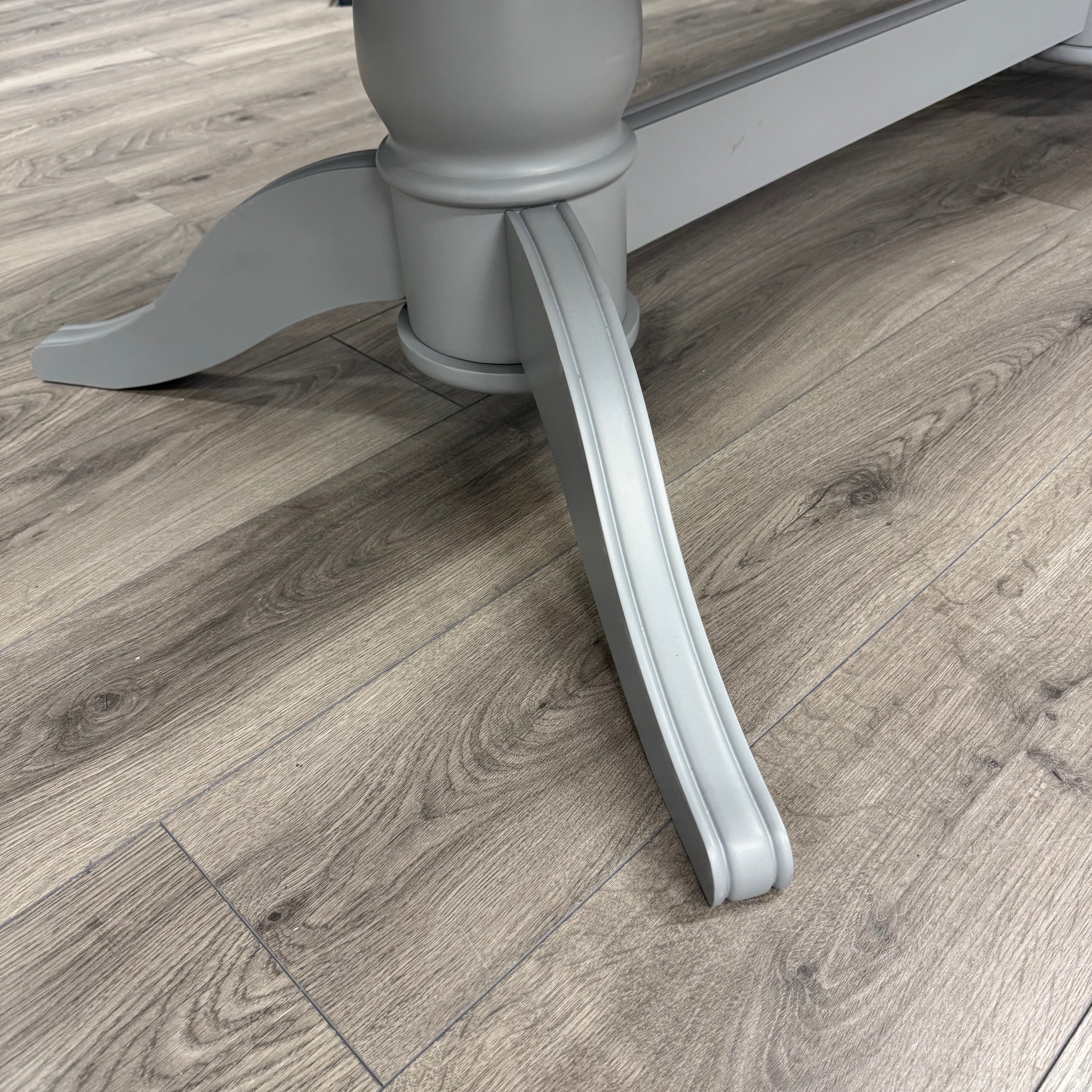 Harmony Twin Pedestal Ext Dining Table  180 to 220 - Pewter PLUS X6 Martley Grey Fabric Scroll Top, Button Back Dining Chairs