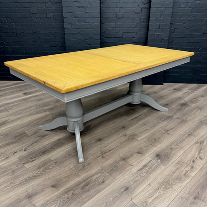 Harmony Twin Pedestal Ext Dining Table  180 to 220 - Pewter PLUS X6 Martley Grey Fabric Scroll Top, Button Back Dining Chairs
