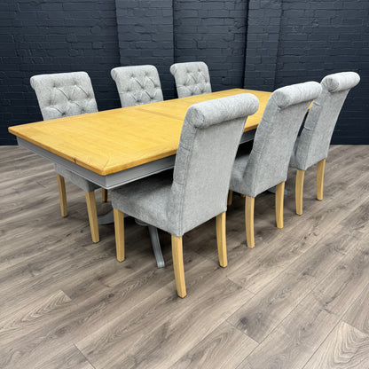 Harmony Twin Pedestal Ext Dining Table  180 to 220 - Pewter PLUS X6 Martley Grey Fabric Scroll Top, Button Back Dining Chairs