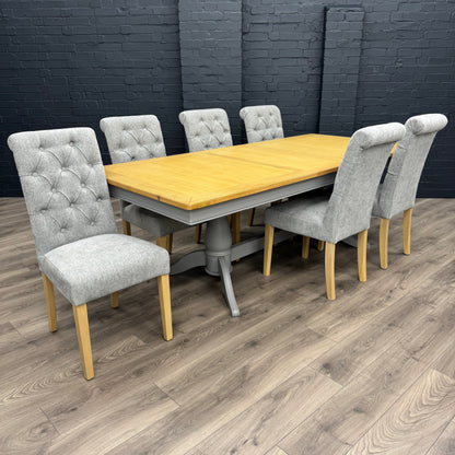Harmony Twin Pedestal Ext Dining Table  180 to 220 - Pewter PLUS X6 Martley Grey Fabric Scroll Top, Button Back Dining Chairs