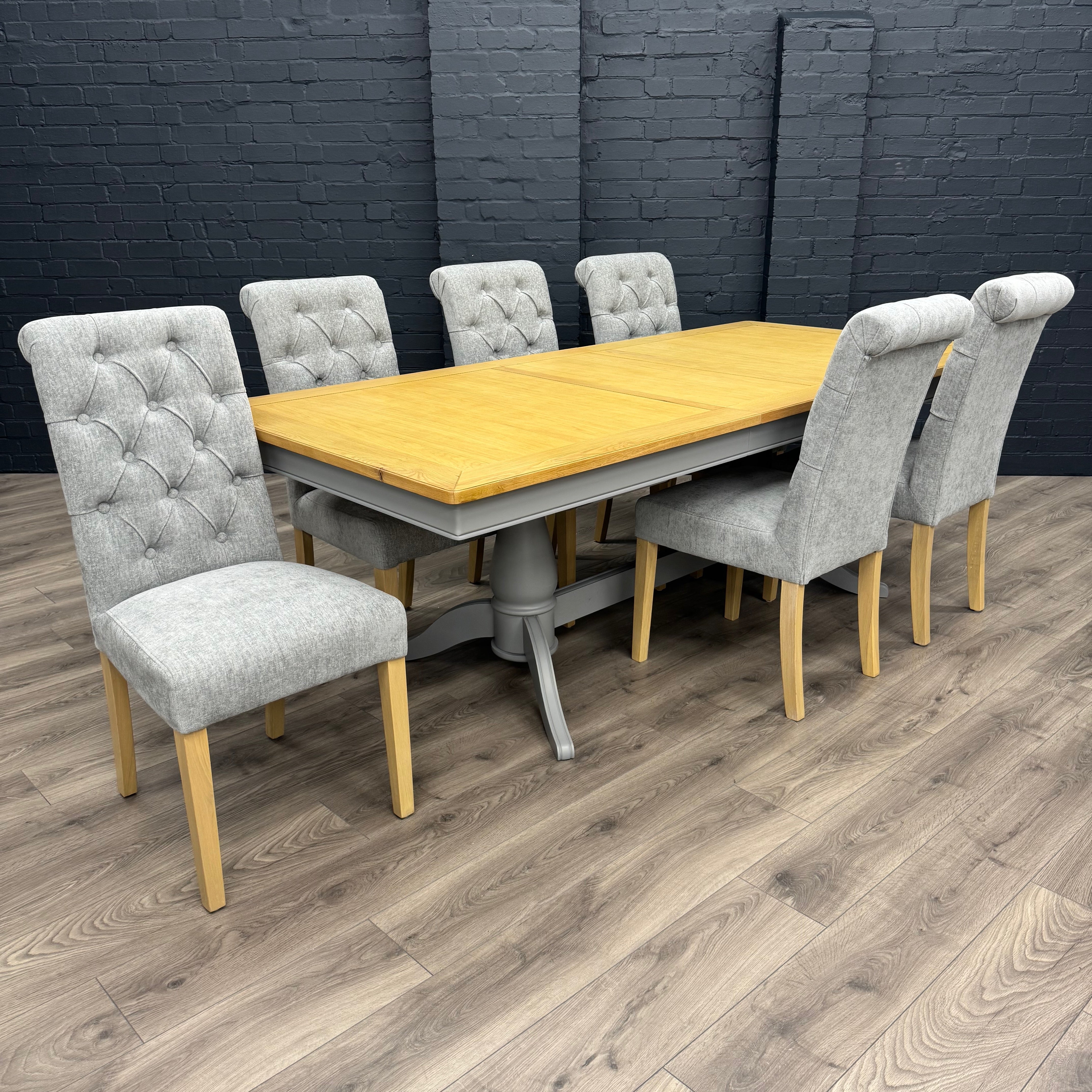 Harmony Twin Pedestal Ext Dining Table  180 to 220 - Pewter PLUS X6 Martley Grey Fabric Scroll Top, Button Back Dining Chairs