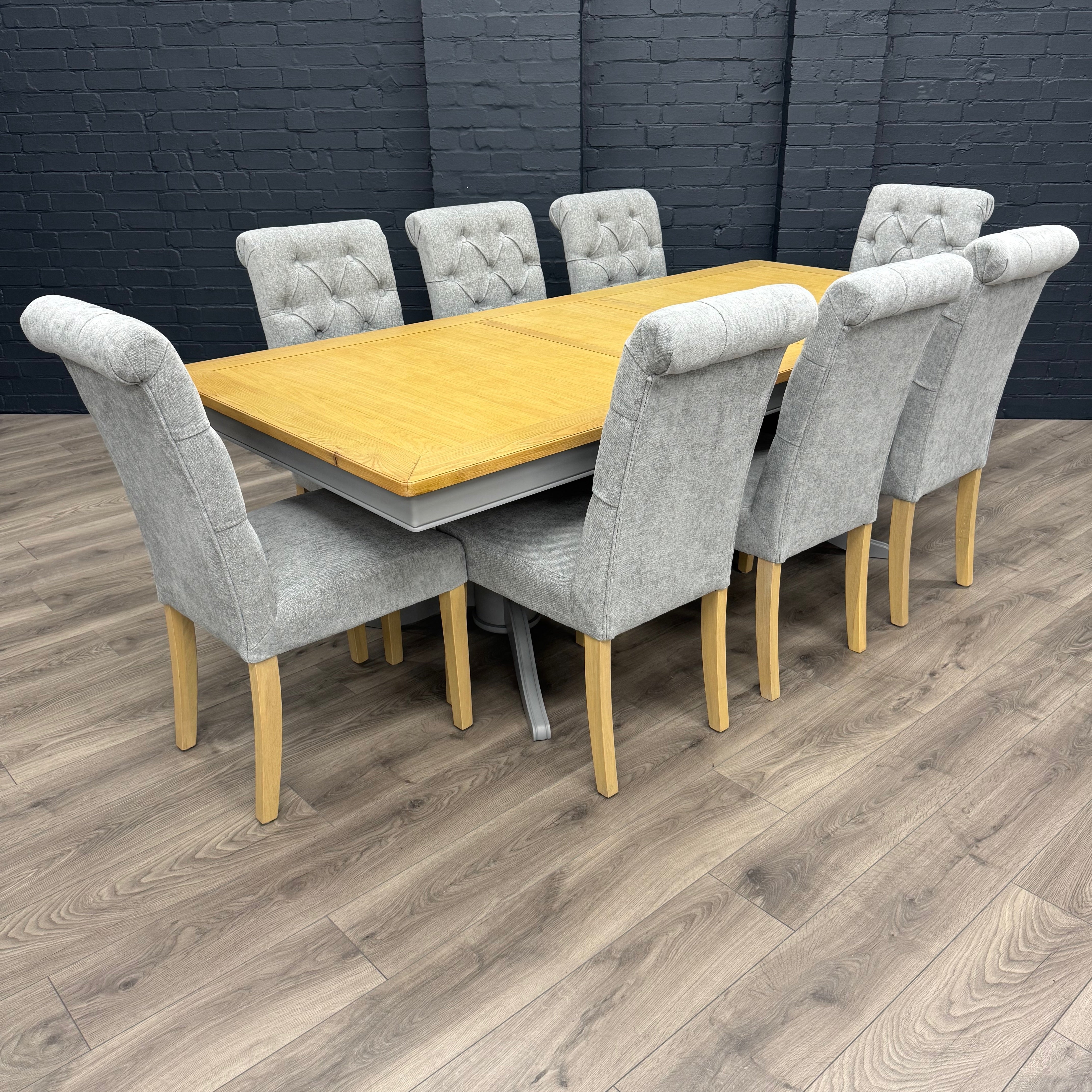 Harmony Twin Pedestal Ext Dining Table  180 to 220 - Pewter PLUS X8 Martley Grey Fabric Scroll Top, Button Back Dining Chairs