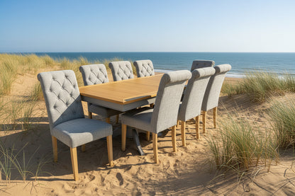 Harmony Twin Pedestal Ext Dining Table  180 to 220 - Pewter PLUS X8 Martley Grey Fabric Scroll Top, Button Back Dining Chairs