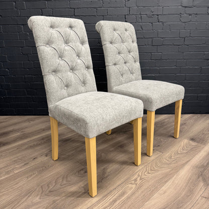 Harmony Twin Pedestal Ext Dining Table  180 to 220 - Pewter PLUS X6 Martley Grey Fabric Scroll Top, Button Back Dining Chairs