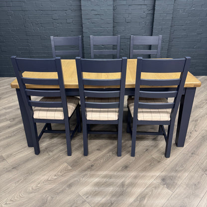 Norfolk Oak & Blue Painted Dining Table - 1.8m Butterfly Extending Table PLUS X6 Norfolk Oak & Blue Painted Ladder Back Natural Check Seat Dining Chairs