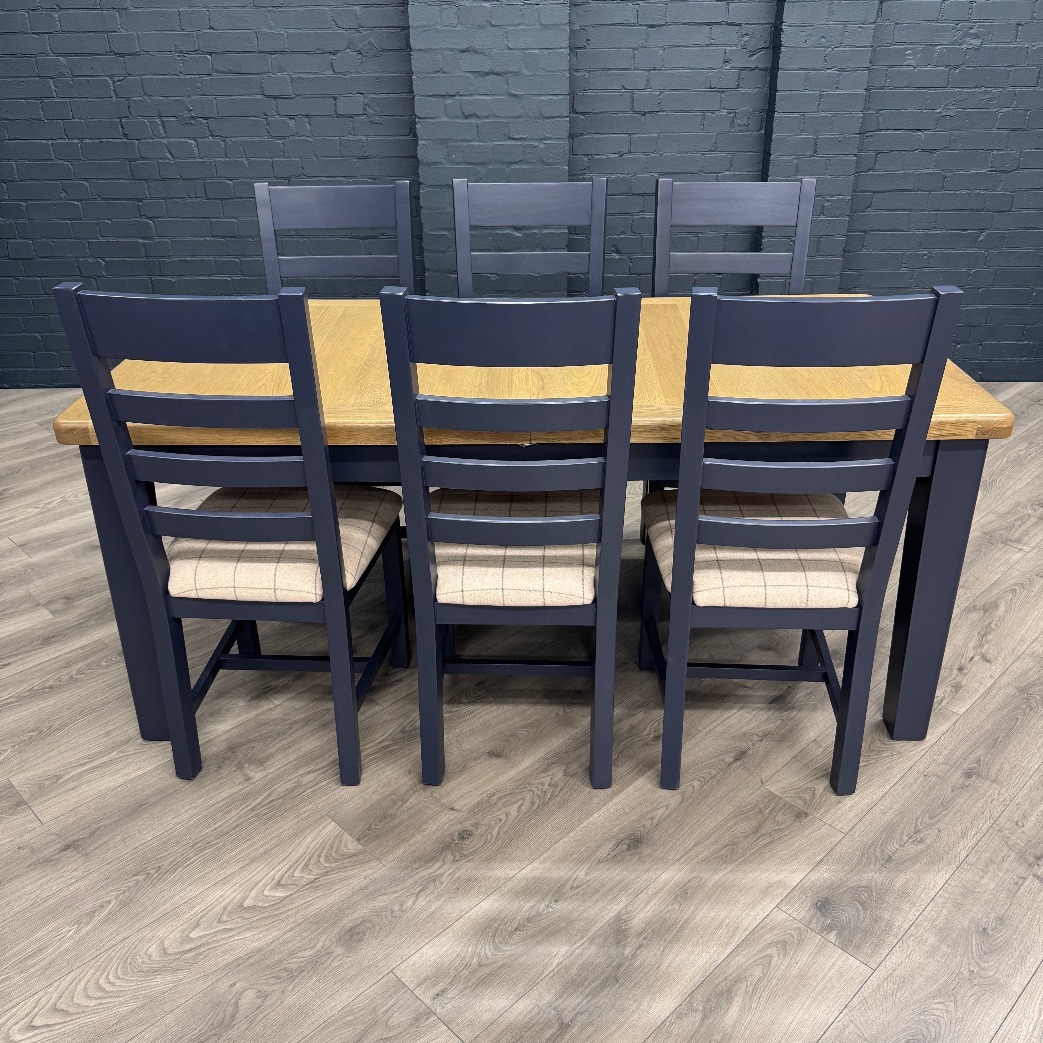 Norfolk Oak & Blue Painted Dining Table - 1.8m Butterfly Extending Table PLUS X6 Norfolk Oak & Blue Painted Ladder Back Natural Check Seat Dining Chairs